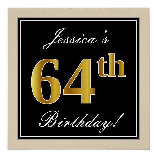 Elegant, Black, Faux Gold 64th Birthday + Name Poster (Front)