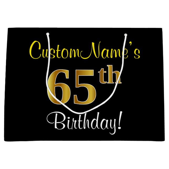 Elegant, Black, Faux Gold 65th Birthday + Name Large Gift Bag (Front)