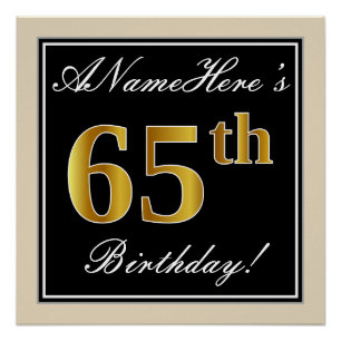 Elegant, Black, Faux Gold 65th Birthday + Name Poster