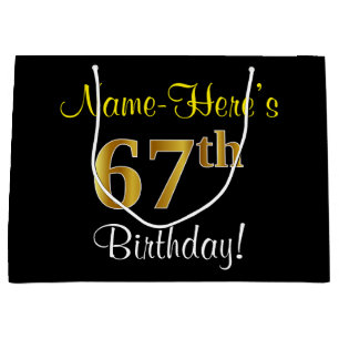 Elegant, Black, Faux Gold 67th Birthday + Name Large Gift Bag