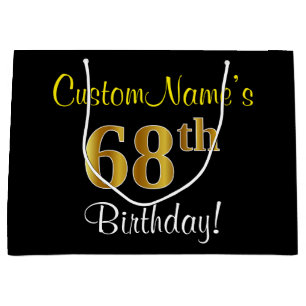 Elegant, Black, Faux Gold 68th Birthday + Name Large Gift Bag