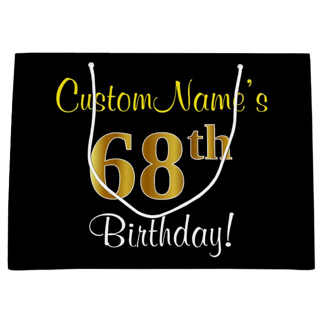 Elegant, Black, Faux Gold 68th Birthday + Name Large Gift Bag (Front)