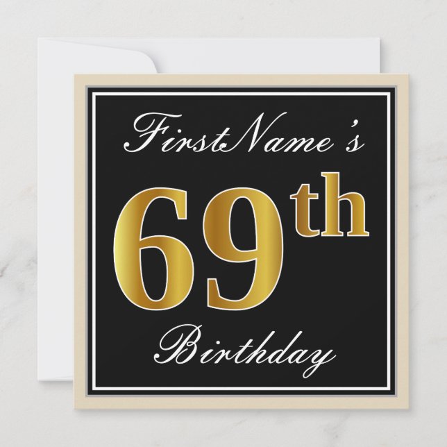 Elegant, Black, Faux Gold 69th Birthday + Name Invitation (Front)