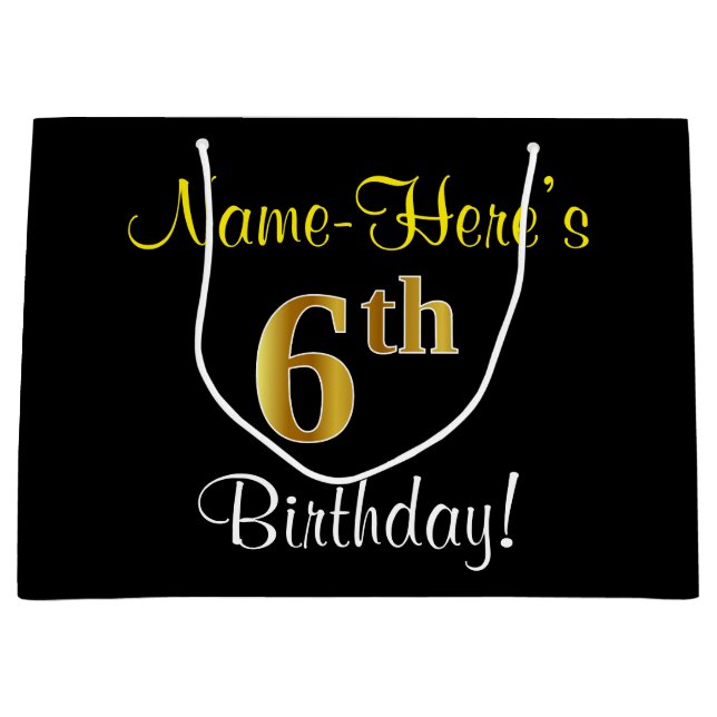 Elegant, Black, Faux Gold 6th Birthday + Name Large Gift Bag (Front)