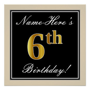 Elegant, Black, Faux Gold 6th Birthday + Name Poster