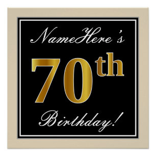 Elegant, Black, Faux Gold 70th Birthday + Name Poster
