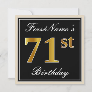 Elegant, Black, Faux Gold 71st Birthday + Name Invitation