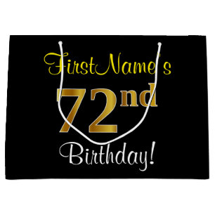 Elegant, Black, Faux Gold 72nd Birthday + Name Large Gift Bag