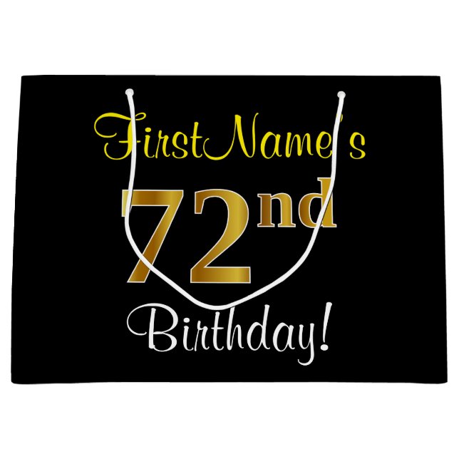 Elegant, Black, Faux Gold 72nd Birthday + Name Large Gift Bag (Front)