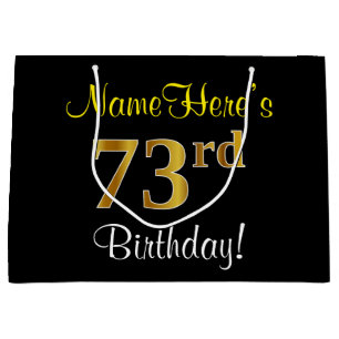 Elegant, Black, Faux Gold 73rd Birthday + Name Large Gift Bag