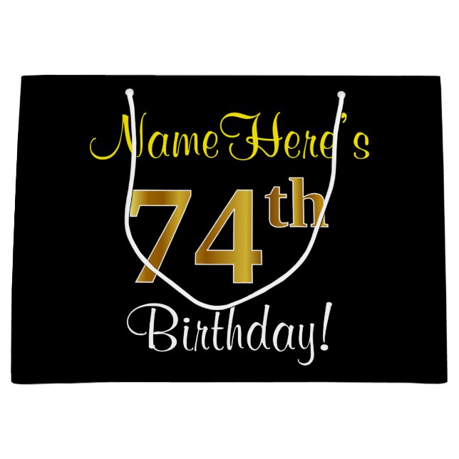 Elegant, Black, Faux Gold 74th Birthday + Name Large Gift Bag (Front)