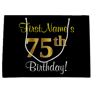 Elegant, Black, Faux Gold 75th Birthday + Name Large Gift Bag