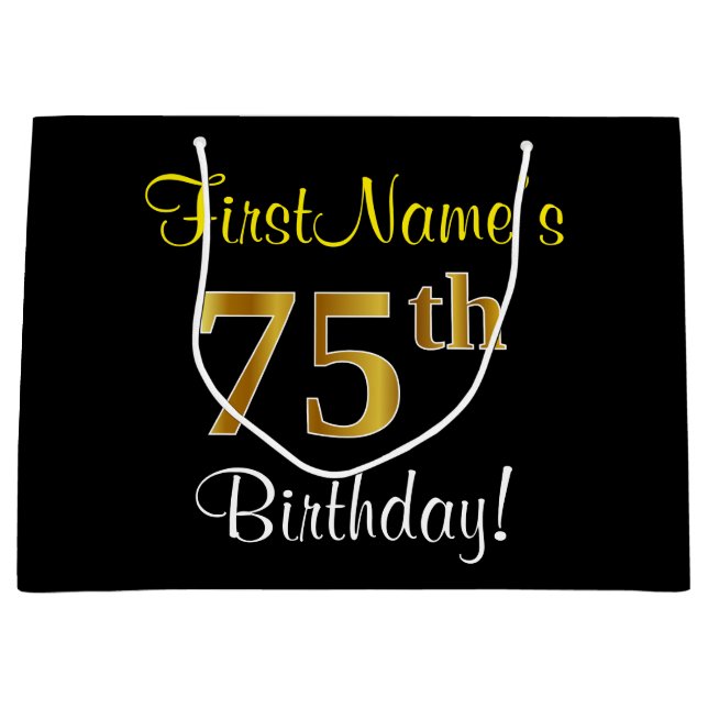 Elegant, Black, Faux Gold 75th Birthday + Name Large Gift Bag (Front)
