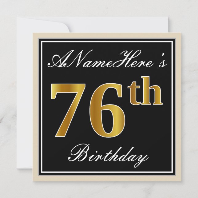 Elegant, Black, Faux Gold 76th Birthday + Name Invitation (Front)