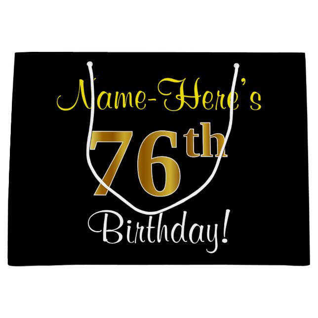Elegant, Black, Faux Gold 76th Birthday + Name Large Gift Bag (Front)
