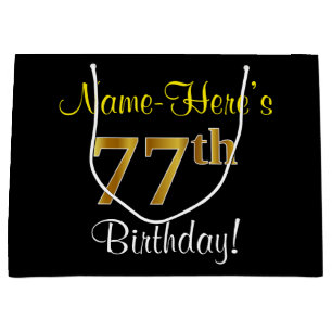 Elegant, Black, Faux Gold 77th Birthday + Name Large Gift Bag