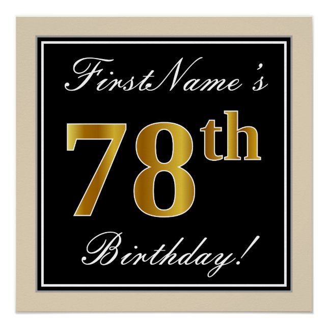 Elegant, Black, Faux Gold 78th Birthday + Name Poster (Front)