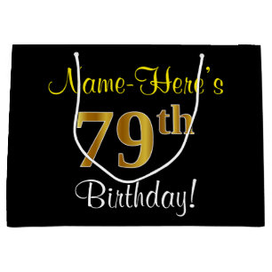 Elegant, Black, Faux Gold 79th Birthday + Name Large Gift Bag
