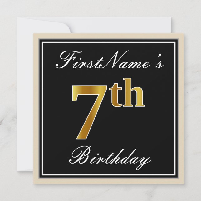 Elegant, Black, Faux Gold 7th Birthday + Name Invitation (Front)