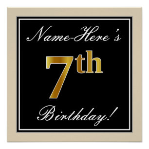 Elegant, Black, Faux Gold 7th Birthday + Name Poster