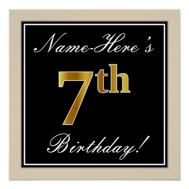 Elegant, Black, Faux Gold 7th Birthday + Name Poster (Front)