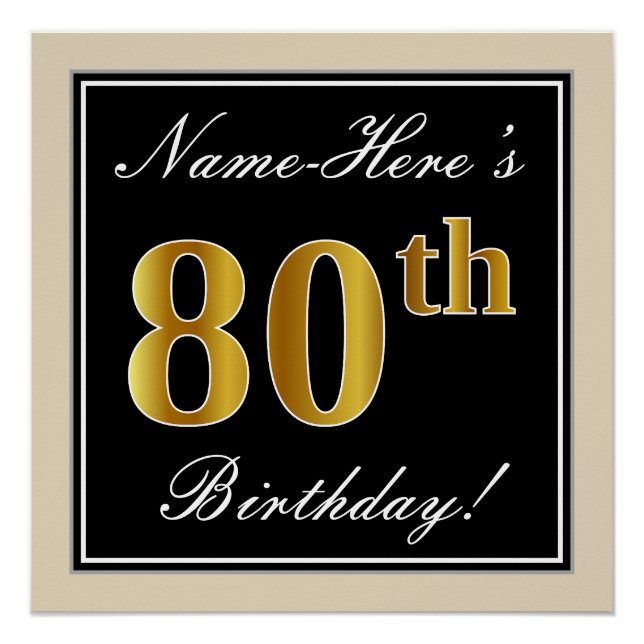 Elegant, Black, Faux Gold 80th Birthday + Name Poster (Front)