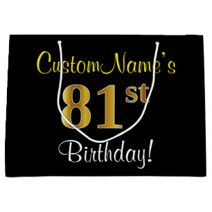 Elegant, Black, Faux Gold 81st Birthday + Name Large Gift Bag