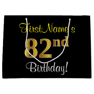 Elegant, Black, Faux Gold 82nd Birthday + Name Large Gift Bag