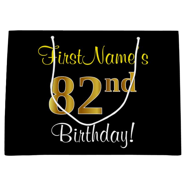 Elegant, Black, Faux Gold 82nd Birthday + Name Large Gift Bag (Front)