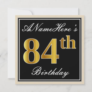 Elegant, Black, Faux Gold 84th Birthday + Name Invitation