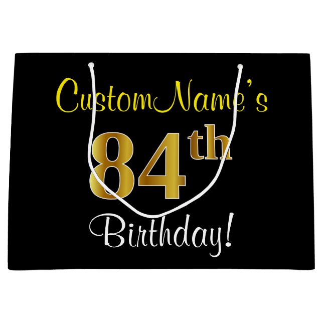 Elegant, Black, Faux Gold 84th Birthday + Name Large Gift Bag (Front)