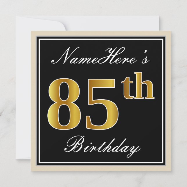 Elegant, Black, Faux Gold 85th Birthday + Name Invitation (Front)