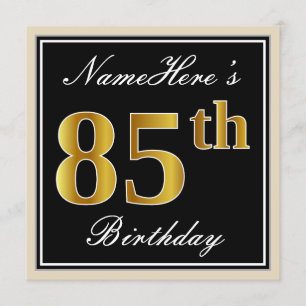 Elegant, Black, Faux Gold 85th Birthday + Name Invitation