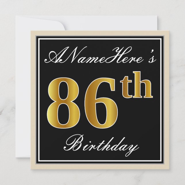 Elegant, Black, Faux Gold 86th Birthday + Name Invitation (Front)