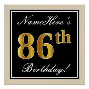 Elegant, Black, Faux Gold 86th Birthday + Name Poster