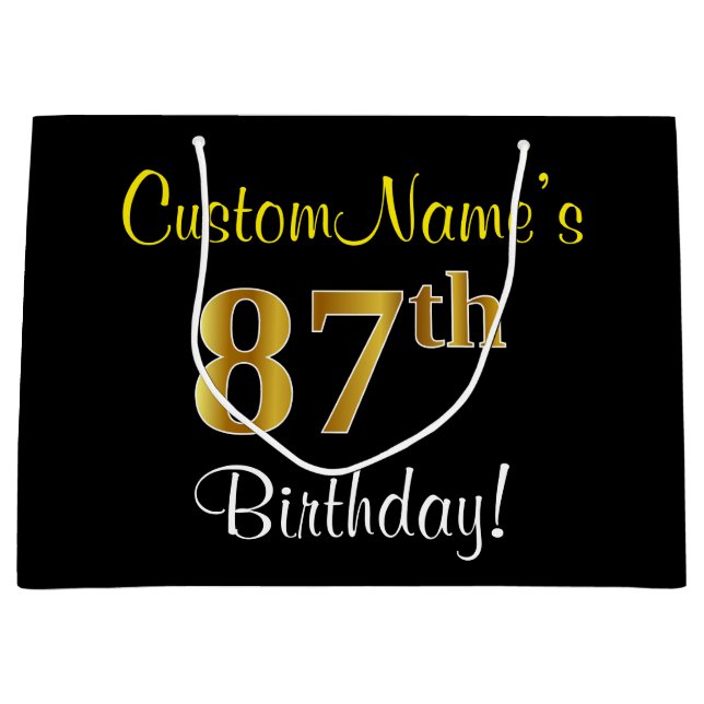 Elegant, Black, Faux Gold 87th Birthday + Name Large Gift Bag (Front)