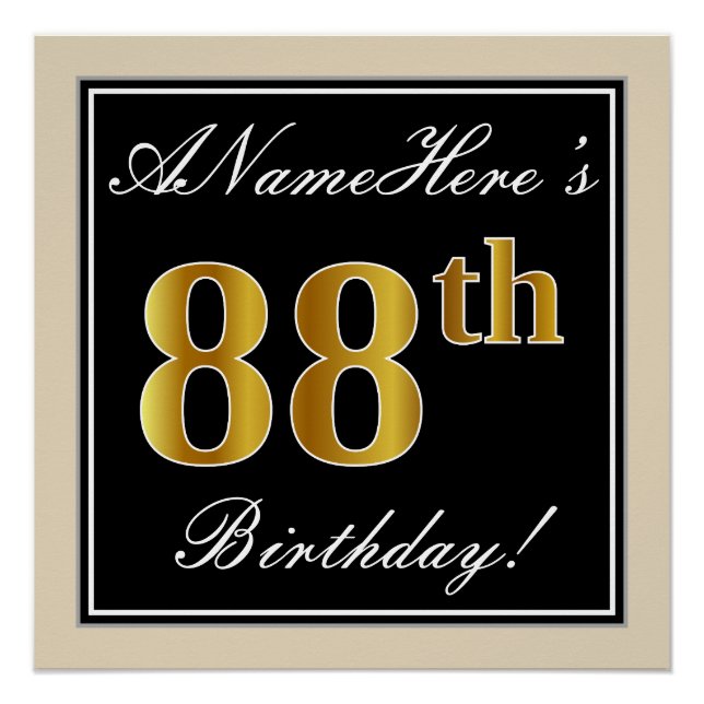 Elegant, Black, Faux Gold 88th Birthday + Name Poster (Front)