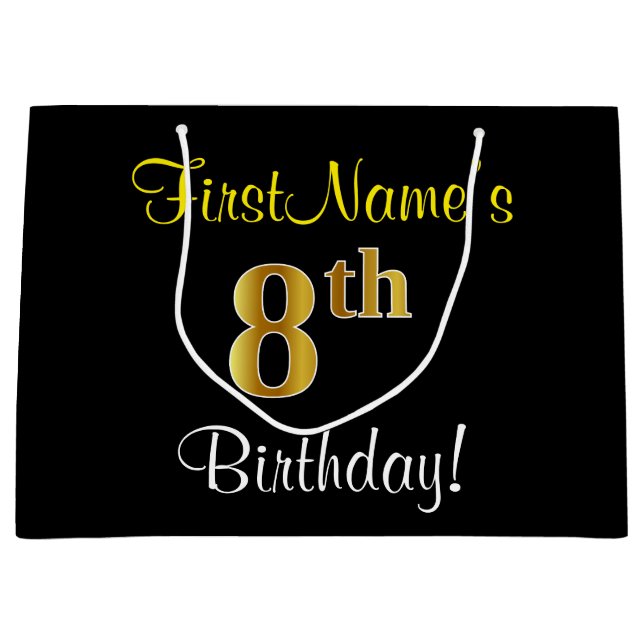 Elegant, Black, Faux Gold 8th Birthday + Name Large Gift Bag (Front)
