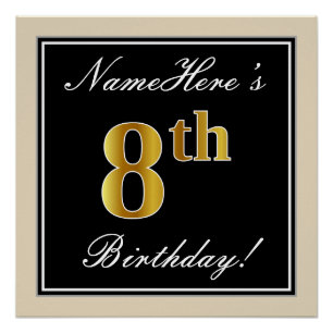 Elegant, Black, Faux Gold 8th Birthday + Name Poster
