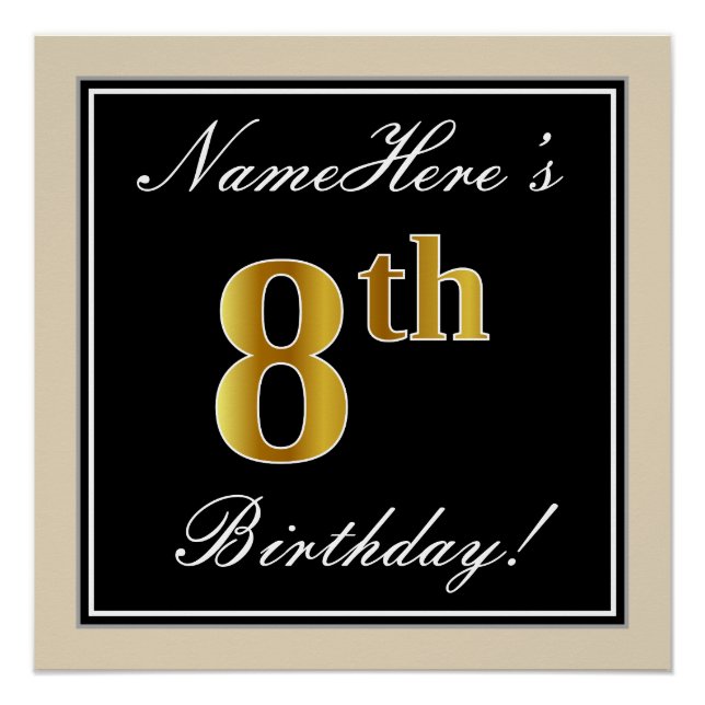 Elegant, Black, Faux Gold 8th Birthday + Name Poster (Front)
