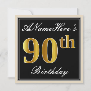 Elegant, Black, Faux Gold 90th Birthday + Name Invitation