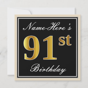 Elegant, Black, Faux Gold 91st Birthday + Name Invitation