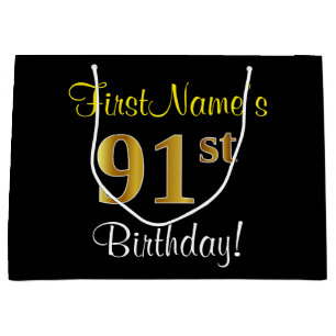 Elegant, Black, Faux Gold 91st Birthday + Name Large Gift Bag