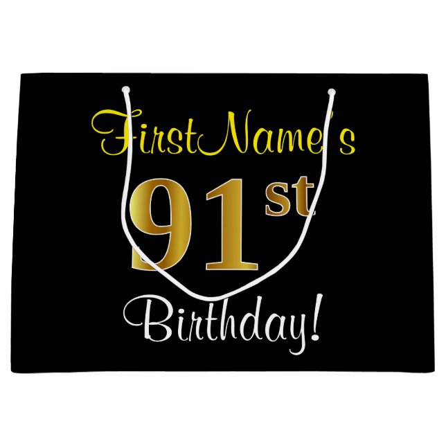 Elegant, Black, Faux Gold 91st Birthday + Name Large Gift Bag (Front)