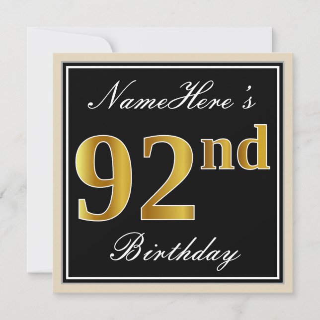 Elegant, Black, Faux Gold 92nd Birthday + Name Invitation (Front)
