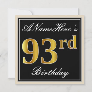 Elegant, Black, Faux Gold 93rd Birthday + Name Invitation