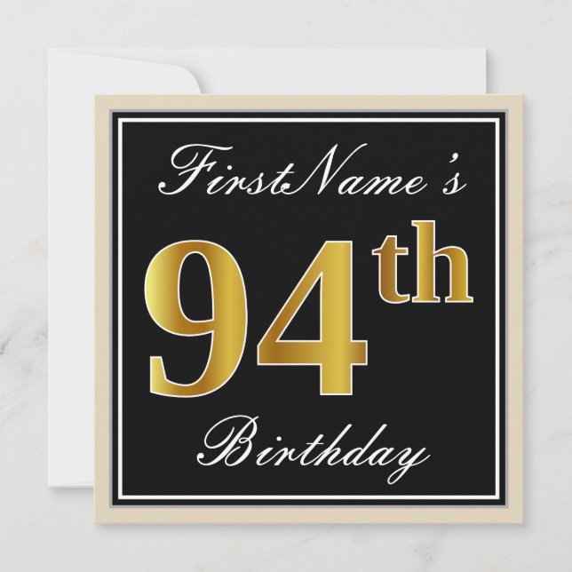 Elegant, Black, Faux Gold 94th Birthday + Name Invitation (Front)