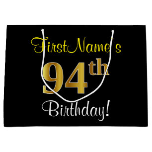 Elegant, Black, Faux Gold 94th Birthday + Name Large Gift Bag