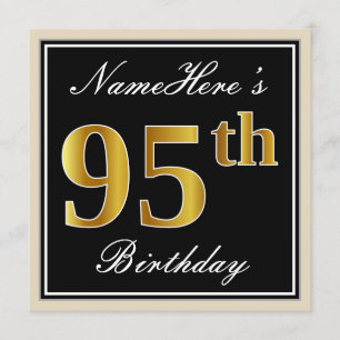 Elegant, Black, Faux Gold 95th Birthday + Name Invitation