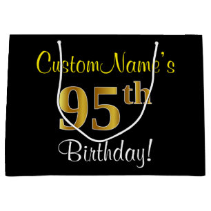 Elegant, Black, Faux Gold 95th Birthday + Name Large Gift Bag